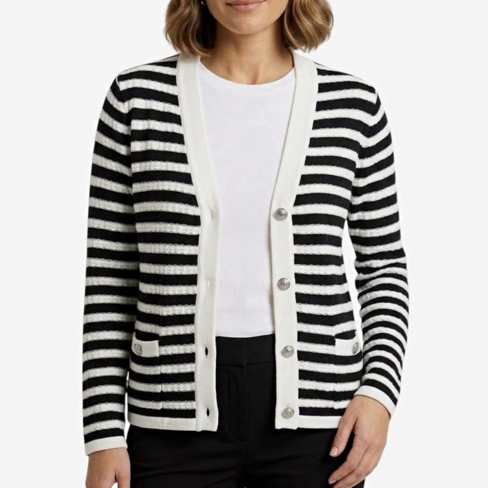 ISAAC MIZRAHI Black White Striped Cardigan sz XL Classic Business Casual Preppy